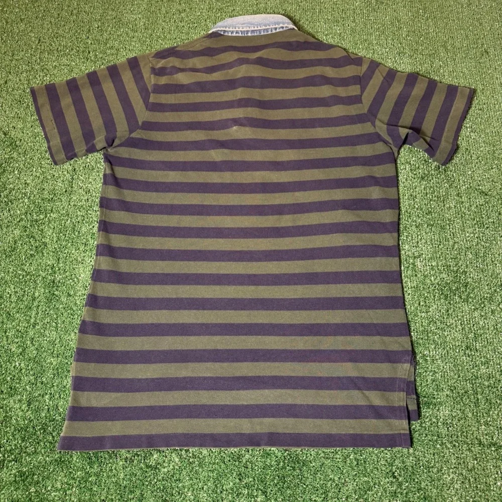 Vintage Polo Ralph Lauren Striped Polo Shirt Denim Collar Green Navy Mens Large